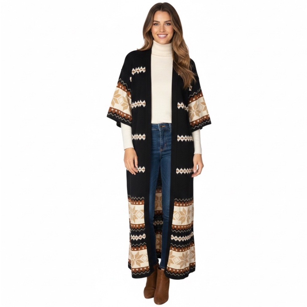 ST MICHAEL Marks & Spencer Fair Isle Longline Knit Cardigan Black Multi Color